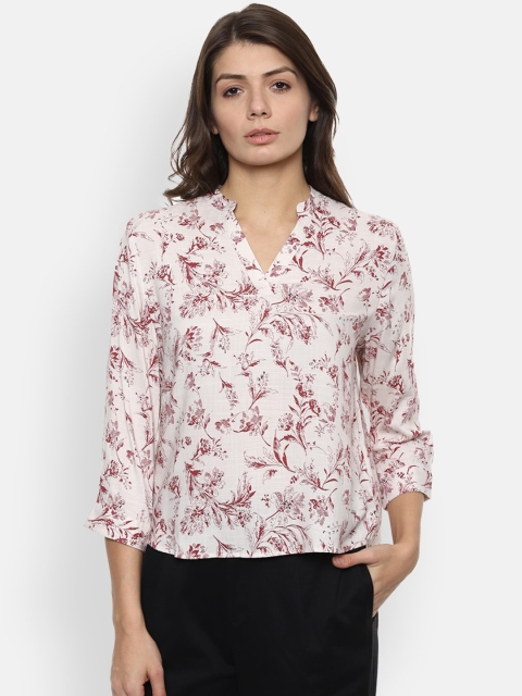

Van Heusen Woman White & Red Floral Printed Mandarin Collar Puff Sleeves High-Low Top