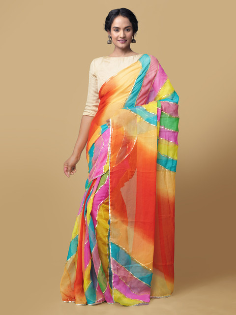 

Unnati Silks Coral Pink & Yellow Pure Chiffon Woven Design Bhagalpuri Saree