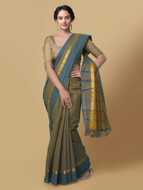 

Unnati Silks Yellow Pure Cotton Checked Mangalagiri Saree