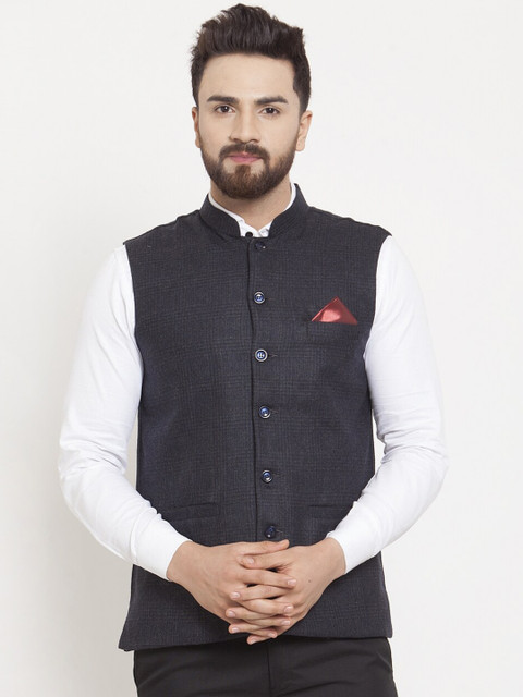 

KLOTTHE Men Black Woven Design Wool Blend Nehru Jacket