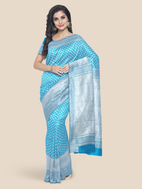 

KLM Fashion Mall Blue & White Printed Kanjeevaram Saree