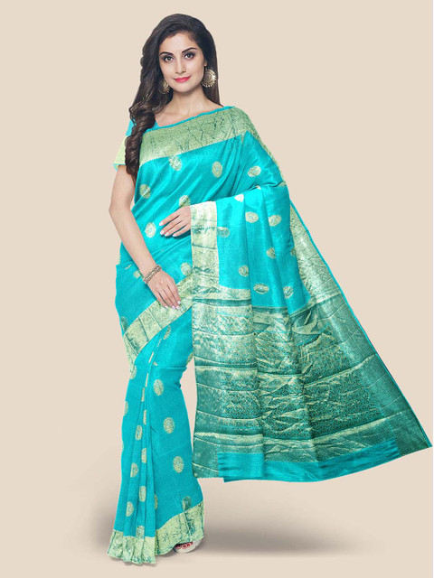 

KLM Fashion Mall Sea Green & Golden Woven Design Banarasi Saree
