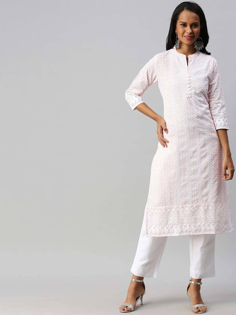 

Soch Women Pink & White Embroidered Pure Cotton Chikankari Kurta