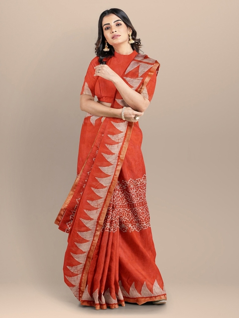 

BharatSthali Orange & Off-White Silk Cotton Woven Design Venkatgiri Saree