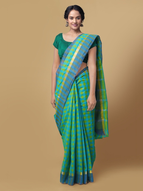 

Unnati Silks Green & Blue Pure Cotton Checked Mangalagiri Saree
