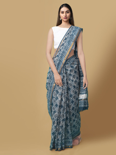 

Unnati Silks Blue Pure Cotton Printed Dabu Saree