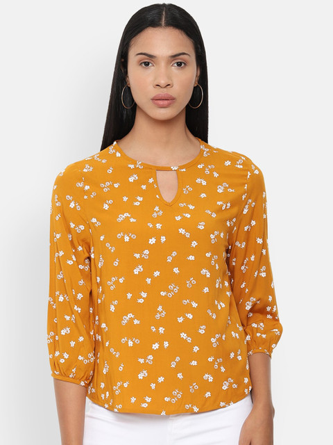 

Van Heusen Woman Mustard Yellow & White Ditsy Floral Printed Keyhole Neck Regular Top