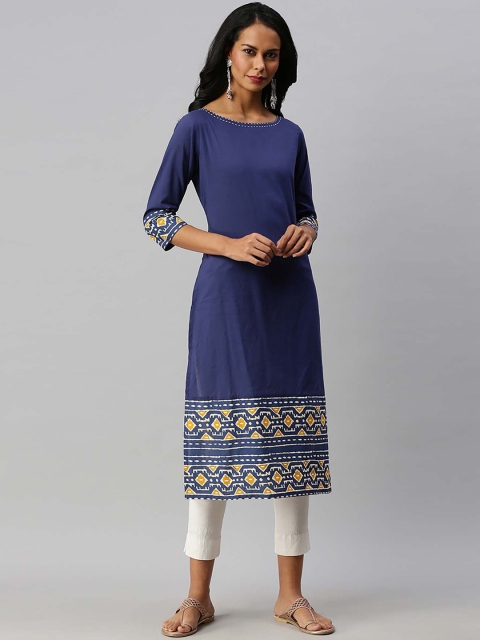 

Soch Women Blue & Mustard Yellow Geometric Print Cotton Kurta