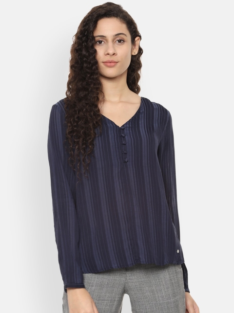 

Allen Solly Woman Navy Blue Vertical Striped Regular Top