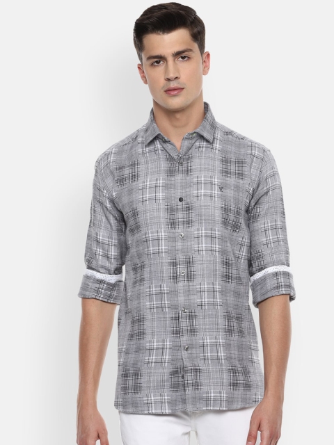 

V Dot Men Grey & Black Pure Cotton Slim Fit Checked Casual Shirt
