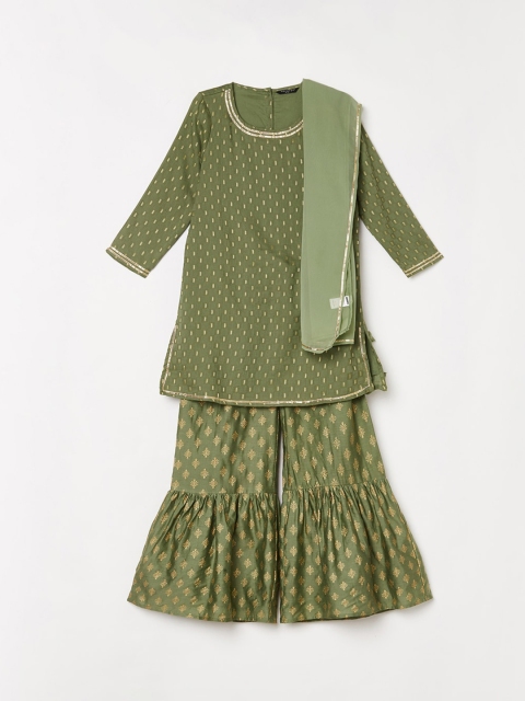 

Melange by Lifestyle Girls Olive Green Embroidered Kurti with Sharara & Dupatta