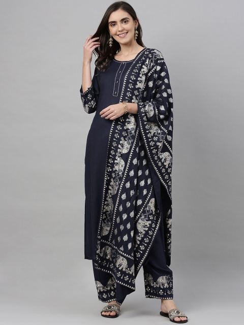 KALINI Women Navy Blue & Off-White Solid Kurta with Trousers & Dupatta
