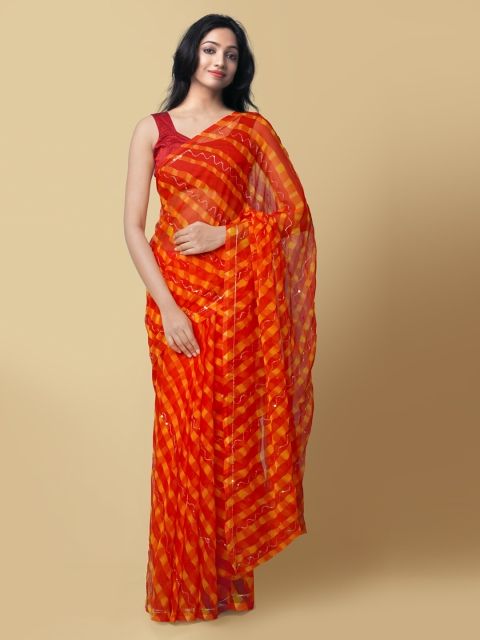 Unnati Silks Red Pure Chiffon Striped Patola Saree