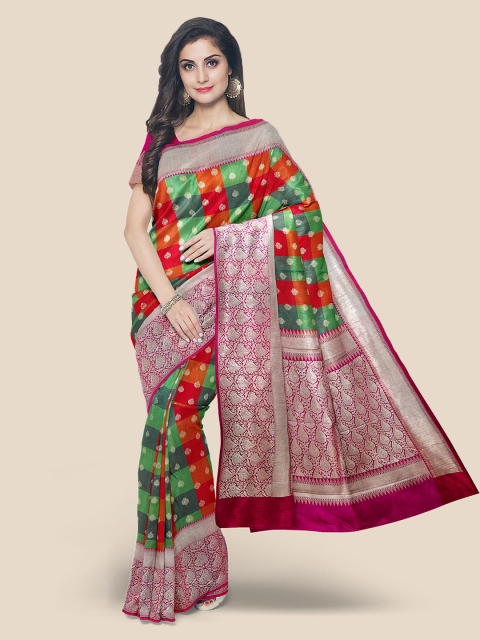 

KLM Fashion Mall Green & Red Checked Banarasi Saree