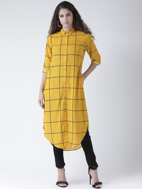 

Texco Women Mustard Yellow & Navy Blue Regular Fit Checked Longline Casual Shirt