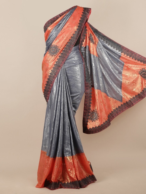 Pothys Grey & Orange Poly Chiffon Embellished Saree