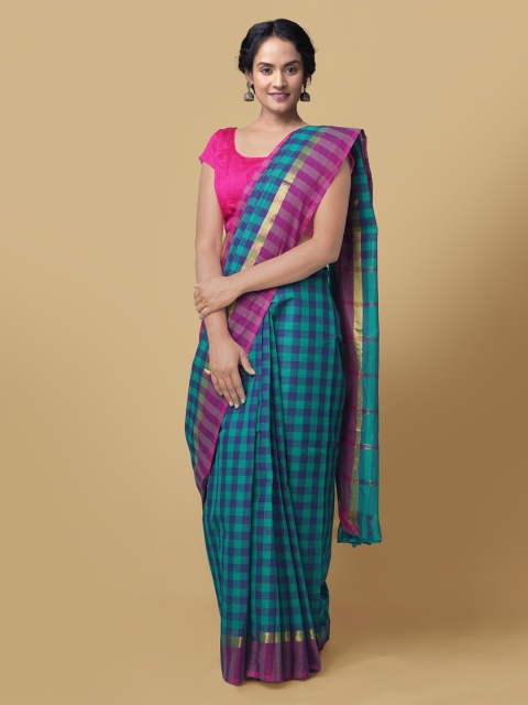 

Unnati Silks Green & Pink Pure Cotton Checked Mangalagiri Saree