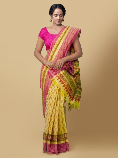 

Unnati Silks Yellow & Maroon Pure Cotton Printed Handloom Mangalagiri Saree