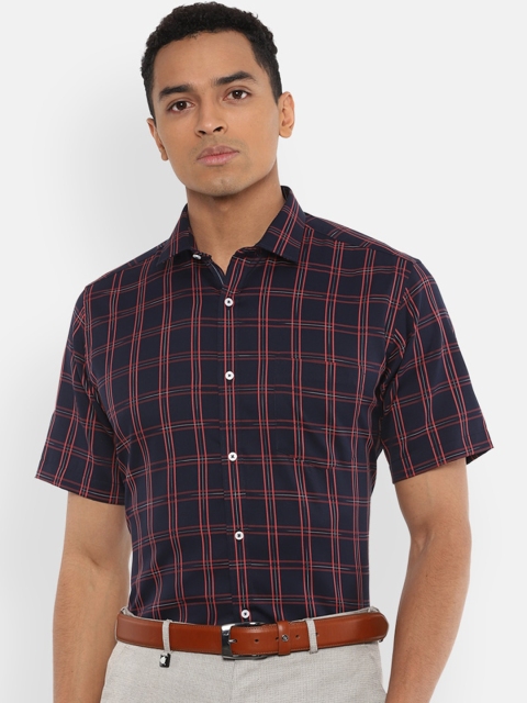 

Van Heusen Men Navy Blue & Coral Red Pure Cotton Regular Fit Checked Formal Shirt