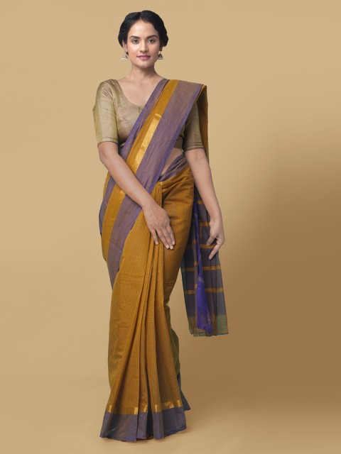 

Unnati Silks Yellow & Purple Pure Cotton Striped Mangalagiri Saree