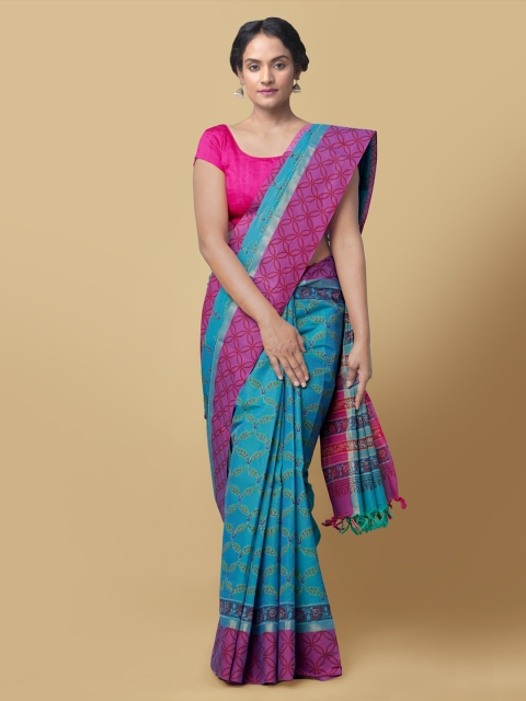 

Unnati Silks Blue & Pink Pure Cotton Printed Mangalagiri Saree