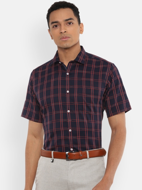 

Van Heusen Men Navy Blue & Coral Red Pure Cotton Regular Fit Checked Formal Shirt