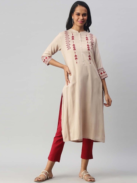 

Soch Women Beige & Red Yoke Design Thread Work Straight Kurta
