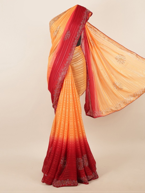 

Pothys Peach-Coloured & Red Satin Striped Saree