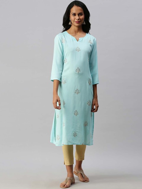 

Soch Women Blue & White Embroidered Sequinned Straight Kurta