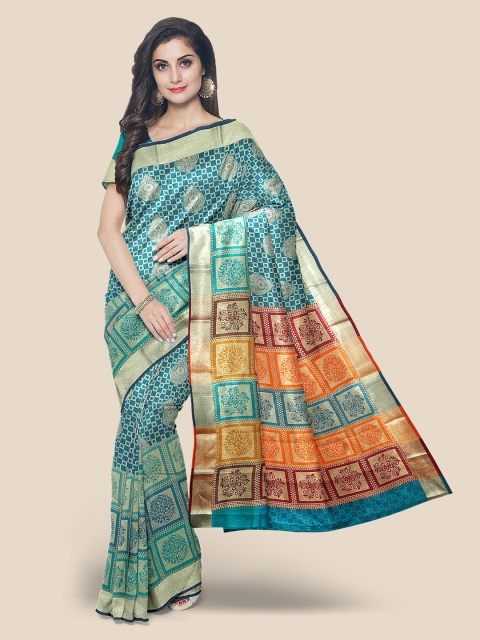 

KLM Fashion Mall Teal Blue & White Printed Kanjeevaram Saree