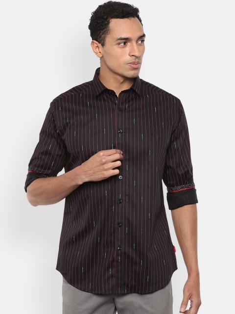 

V Dot Men Black Slim Fit Striped Casual Shirt