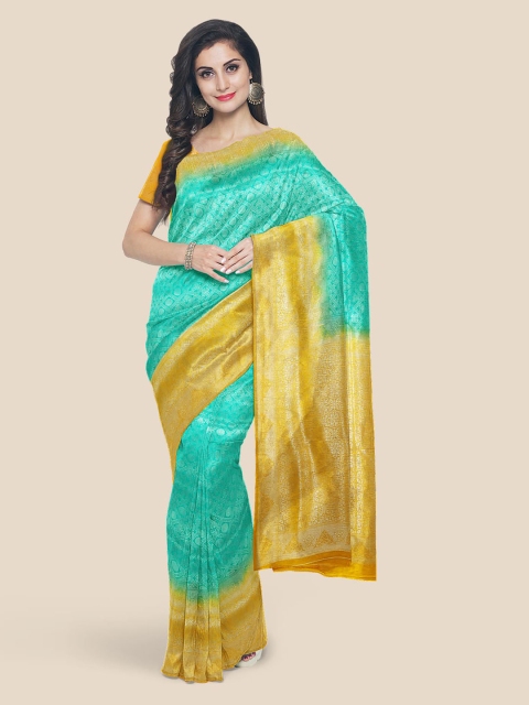 

KLM Fashion Mall Sea Green & Mustard Yellow Zari Woven Design Banarasi Saree