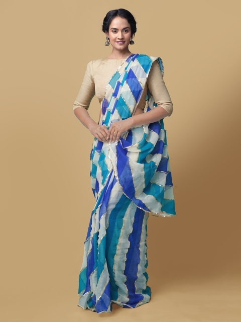 

Unnati Silks Blue & Cream-Coloured Pure Chiffon Checked Bhagalpuri Saree