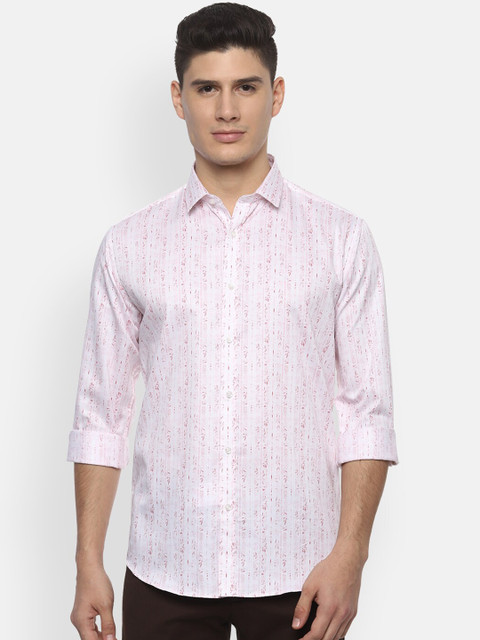 

V Dot Men White & Maroon Pure Cotton Slim Fit Striped Casual Shirt