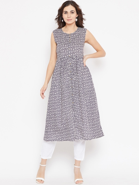 

Cottinfab Women Navy Blue & White Floral Printed Floral Anarkali Kurta