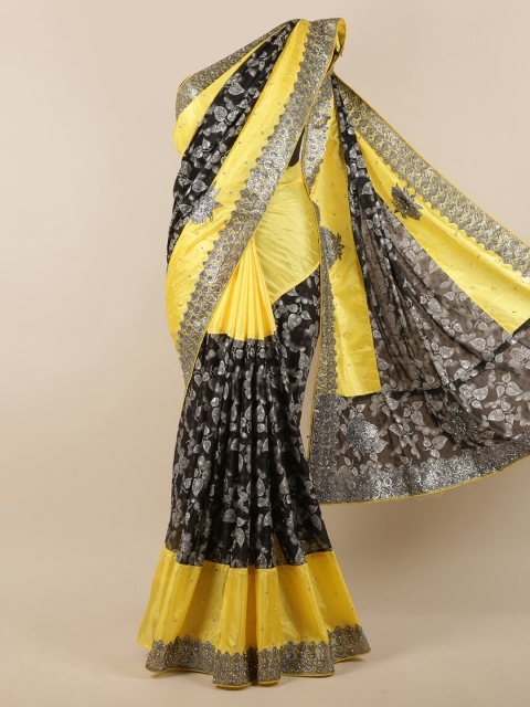 

Pothys Yellow & Black Leaf Print & Embellished Saree
