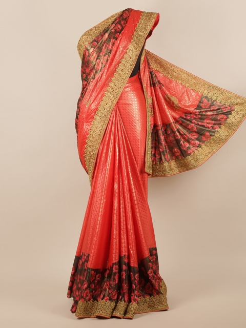 

Pothys Orange & Brown Woven Design & Floral Print Embellished Saree