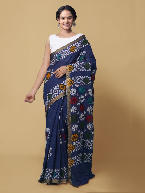 

Unnati Silks Blue & White Pure Cotton Printed Patola Saree
