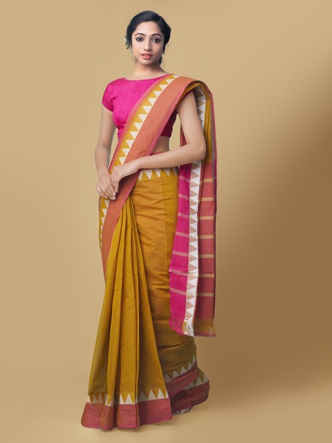 

Unnati Silks Yellow & Pink Pure Cotton Striped Mangalagiri Saree