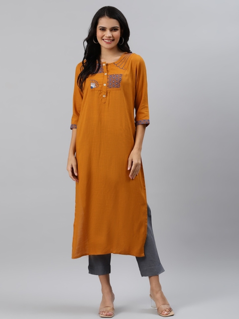 

Sringam Women Rust Orange Geometric Yoke Design Thread Work Kurta