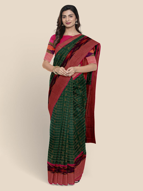 

KLM Fashion Mall Green & Golden Checked Chanderi Saree