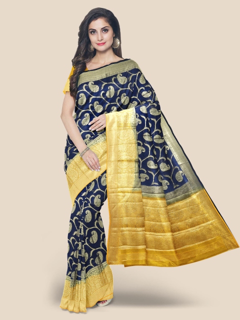 

KLM Fashion Mall Navy Blue & Golden Woven Design Banarasi Saree