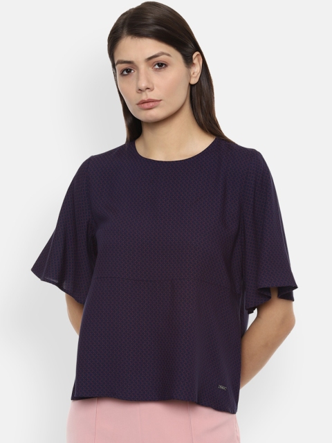 

Van Heusen Woman Navy Blue & Rust Brown Checked Flared Sleeves Regular Top