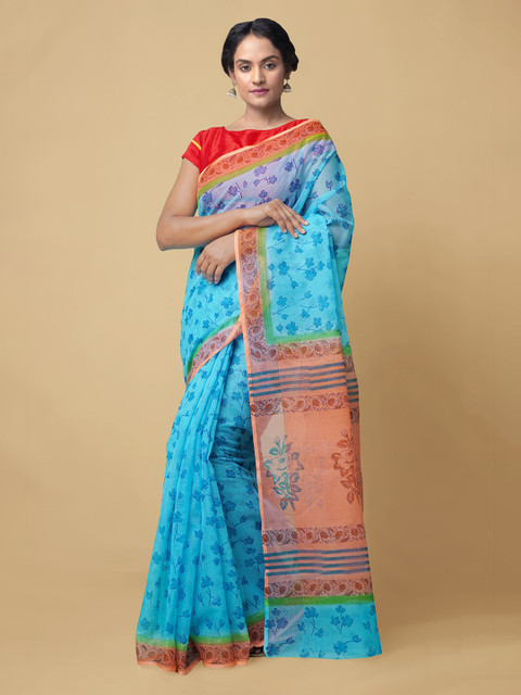 

Unnati Silks Blue Pure Cotton Hand Block Print Kota Saree