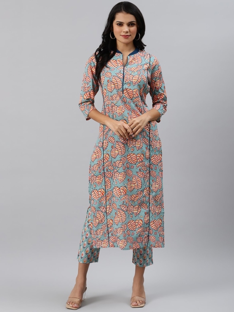 

Sringam Women Sea Green & Orange Printed Kurta with Trousers