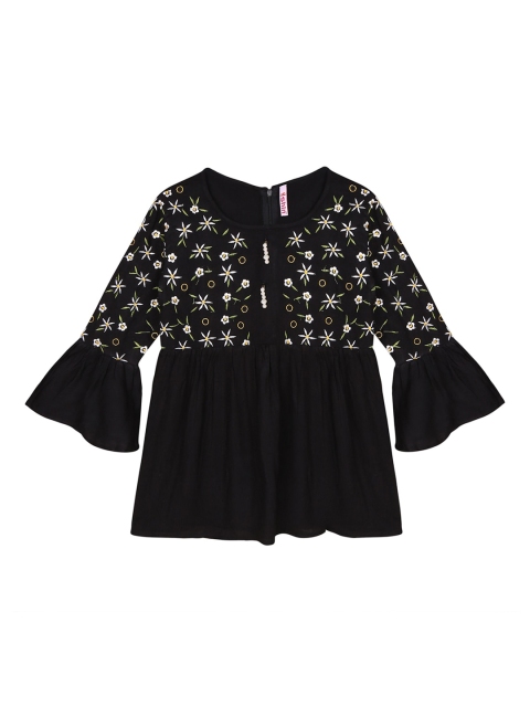 

Ishin DESIGNER STUDIO Black & White Floral Embroidered Bell Sleeves A-Line Top