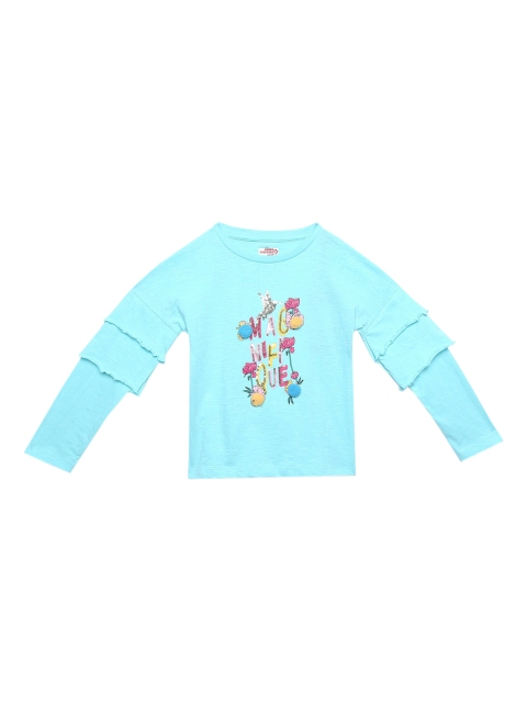 

UNDER FOURTEEN ONLY Girls Blue Printed Pure Cotton Regular Top