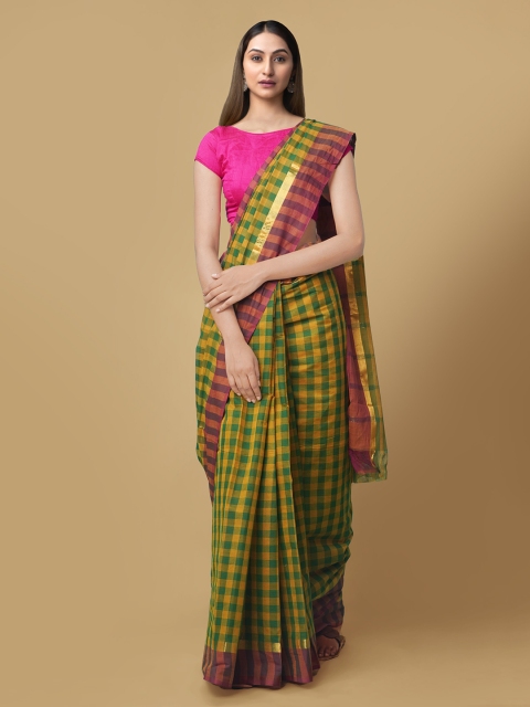 

Unnati Silks Olive Green & Pink Pure Cotton Checked Mangalagiri Saree