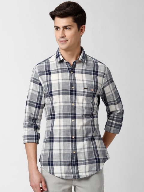 

Peter England Casuals Men Grey & Navy Blue Slim Fit Checked Pure Cotton Casual Shirt