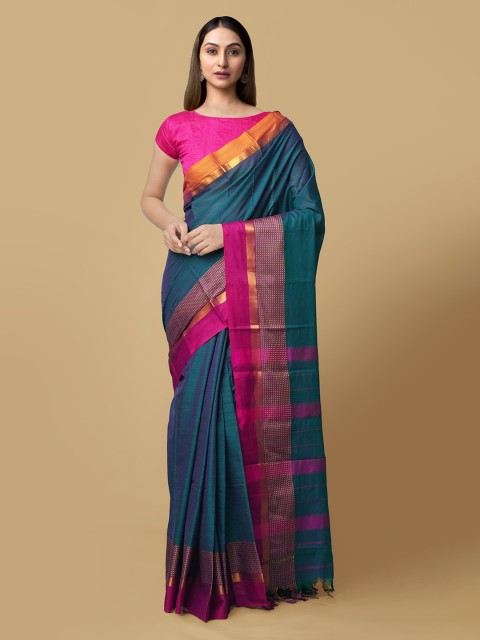 

Unnati Silks Teal Green Pure Cotton Solid Handloom Narayan Peth Saree